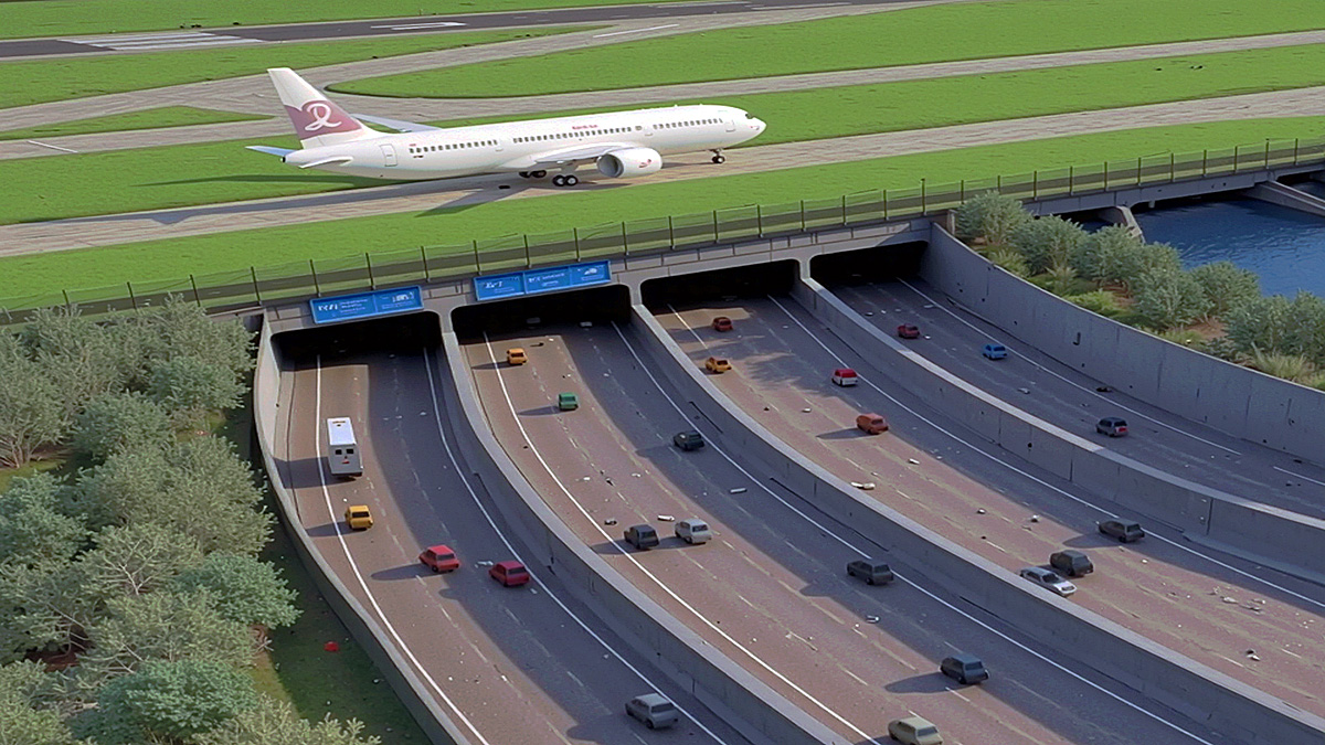 Heathrow airport runway tunnel multi lane road underpass aerial view with vehicles