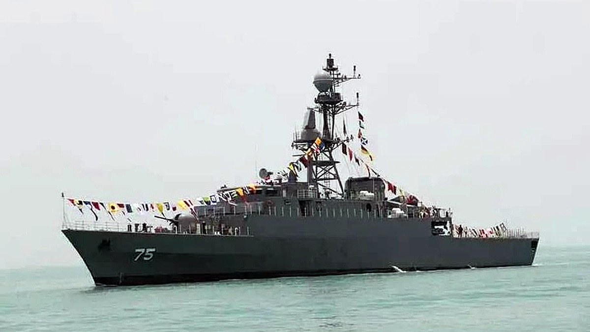 IRIS Dena Iranian Navy Moudge class frigate sailing in the Indian Ocean before sinking near Sri Lanka
