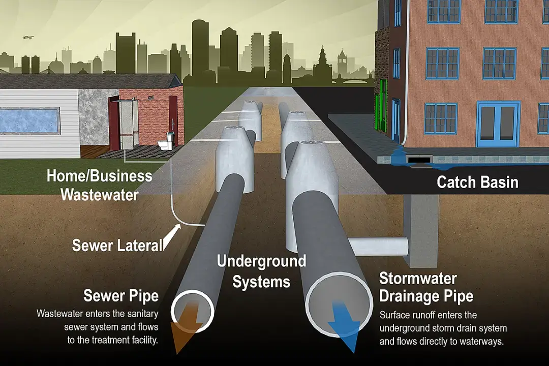 Underground drainage system diagram showing sewer pipes wastewater flow and stormwater drainage network