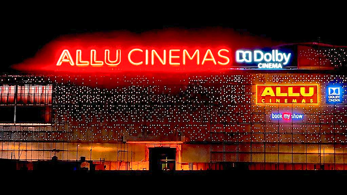 Allu Cinemas Kokapet Hyderabad Dolby Cinema multiplex exterior night view with illuminated signage