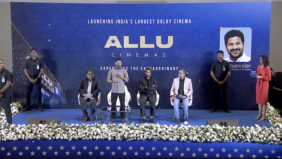 Telangana CM Revanth Reddy addressing the audience during the Allu Cinemas launch event in Hyderabad. Allu Arjun, Aravind also can be seen