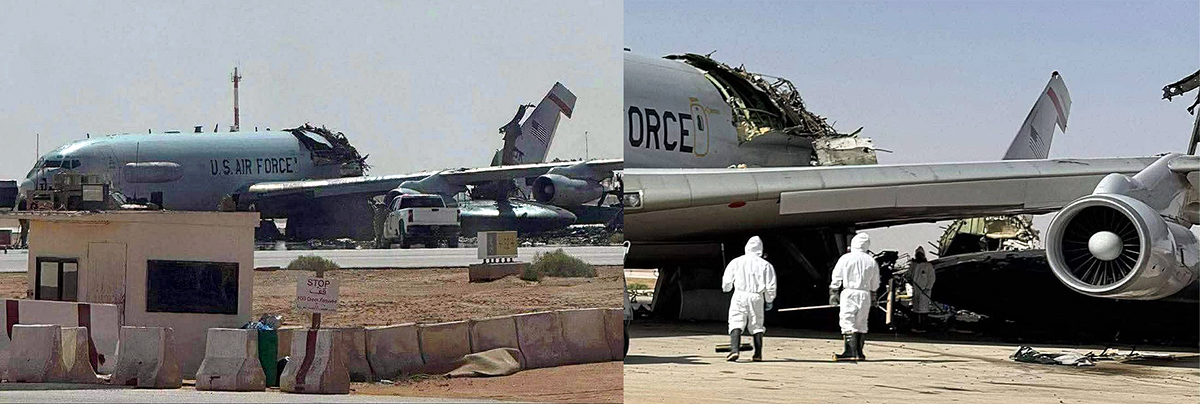 Damaged US Air Force E-3 Sentry AWACS aircraft at Prince Sultan Air Base after reported Iranian strike