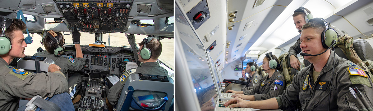 US Air Force crew operating surveillance systems inside AWACS aircraft