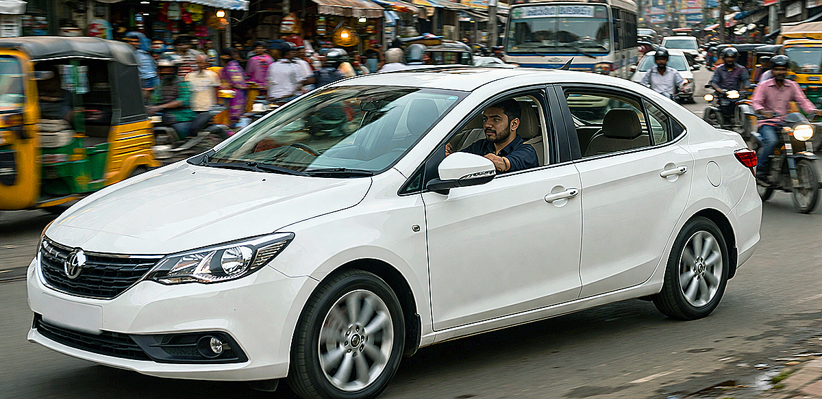 Car driving through busy city traffic with open windows in low-speed urban conditions