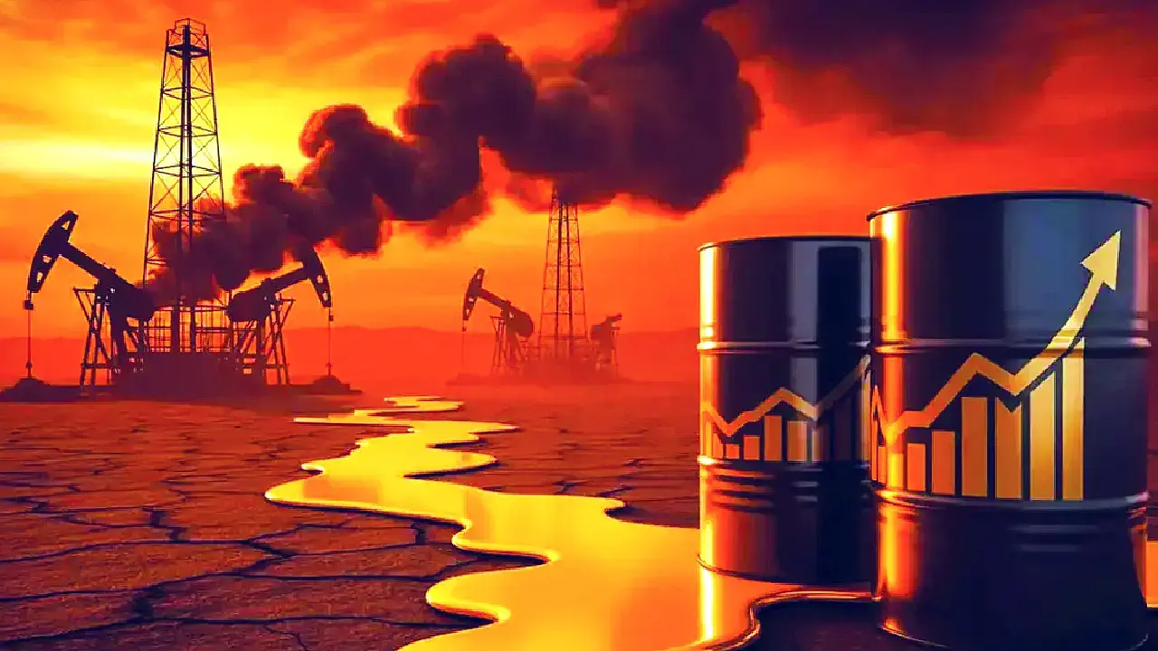 Crude oil production rigs and barrels illustrating rising oil prices amid Middle East conflict - AI image