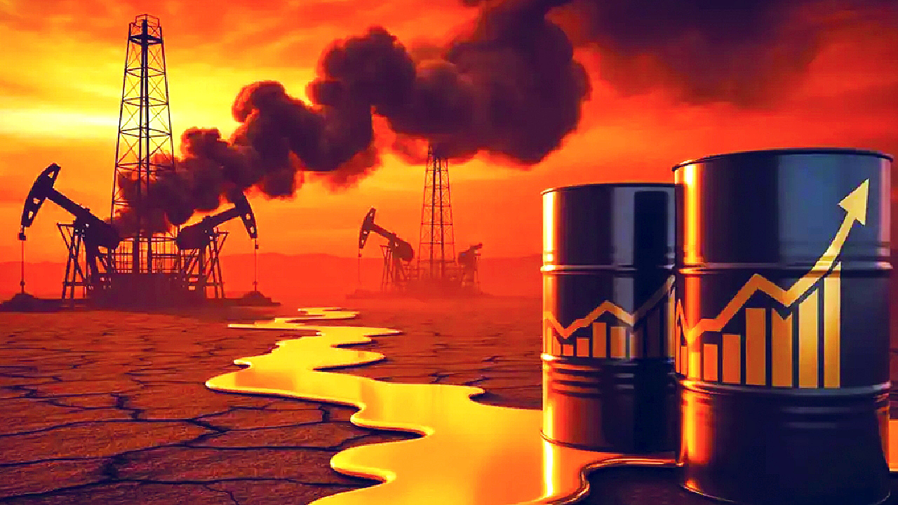 Crude oil production rigs and barrels illustrating rising oil prices amid Middle East conflict - AI image