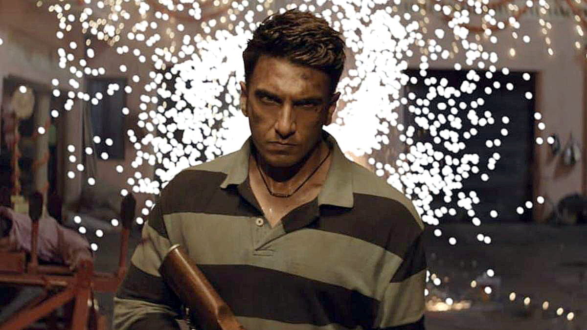 Dhurandhar The Revenge action scene with hero holding gun and sparks in background