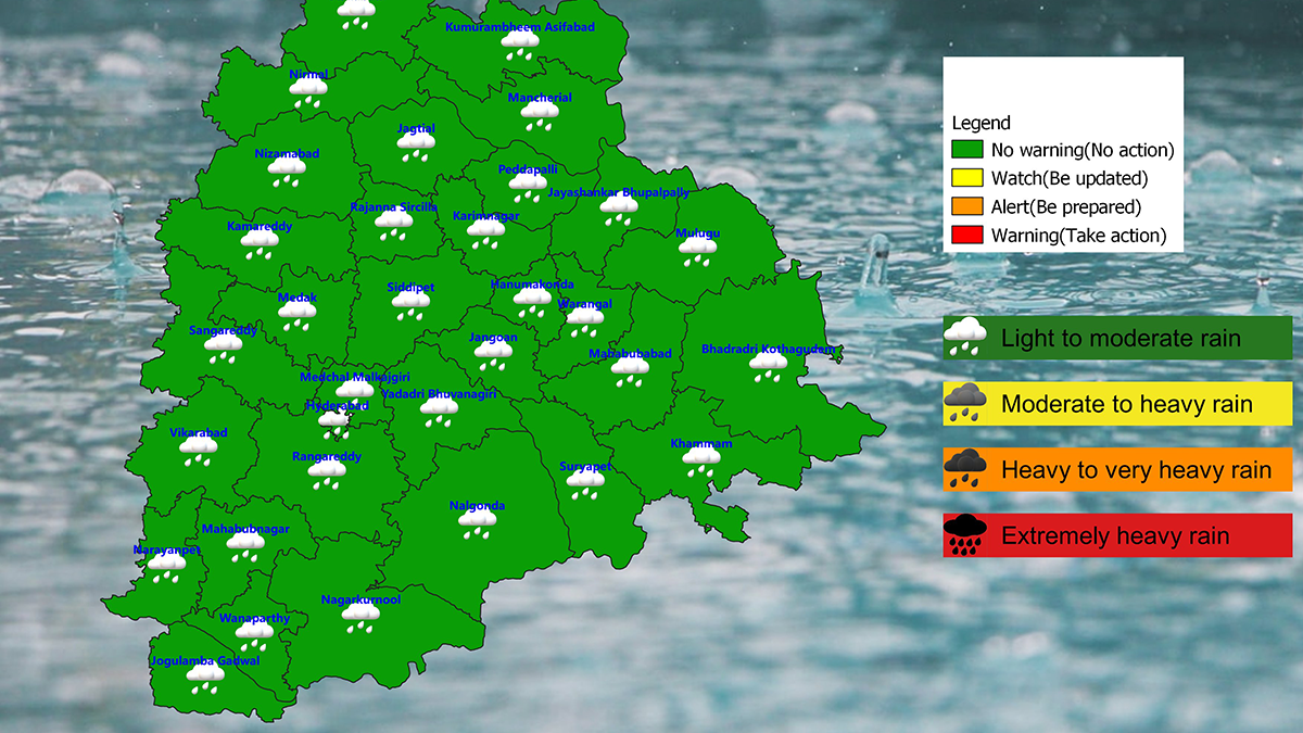 Telangana weather map showing light to moderate rain forecast across multiple districts according to IMD bulletin
