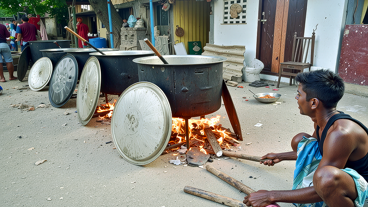 Traditional cooking setup with firewood as LPG cylinders become scarce