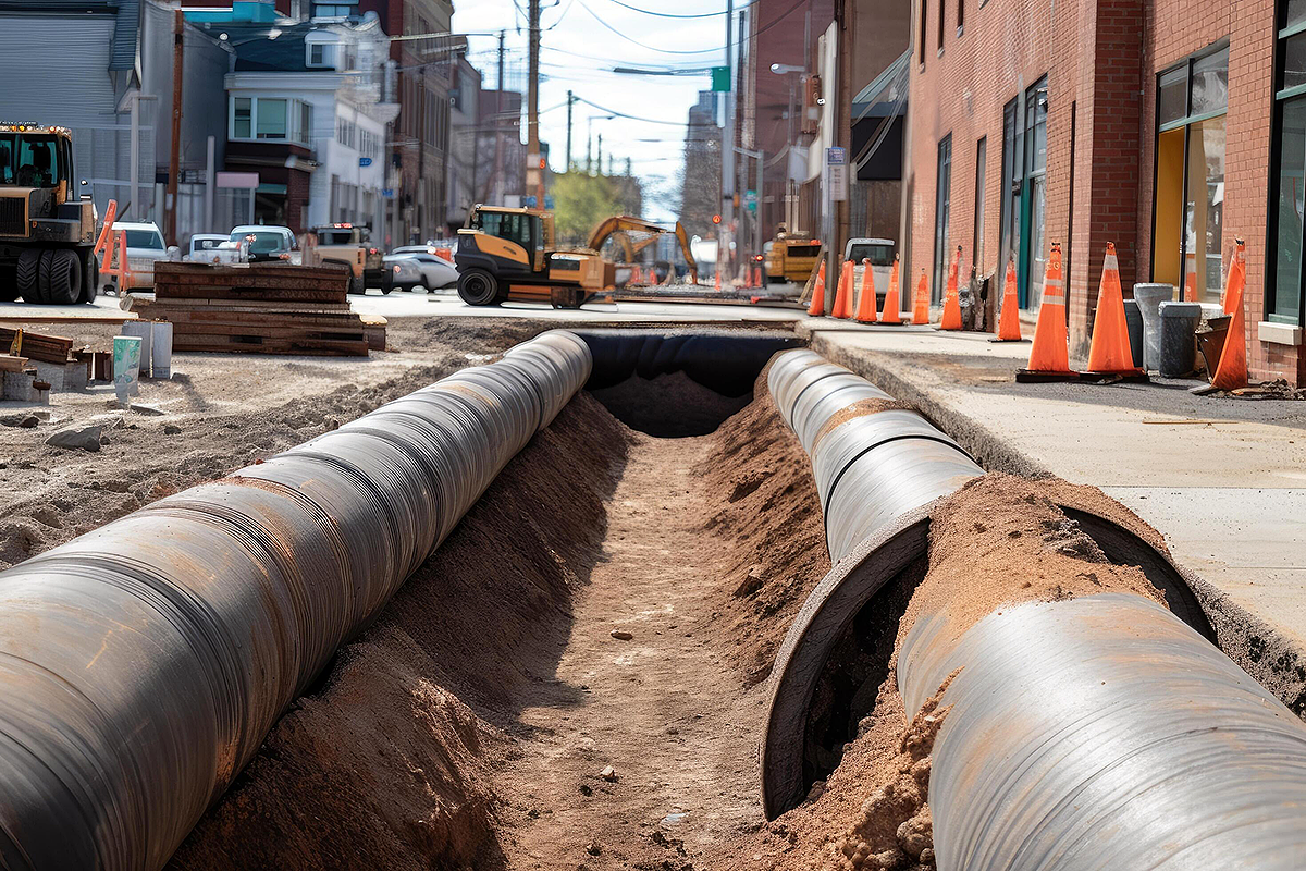 Sewer pipeline installation work in urban road as part of underground drainage infrastructure development project