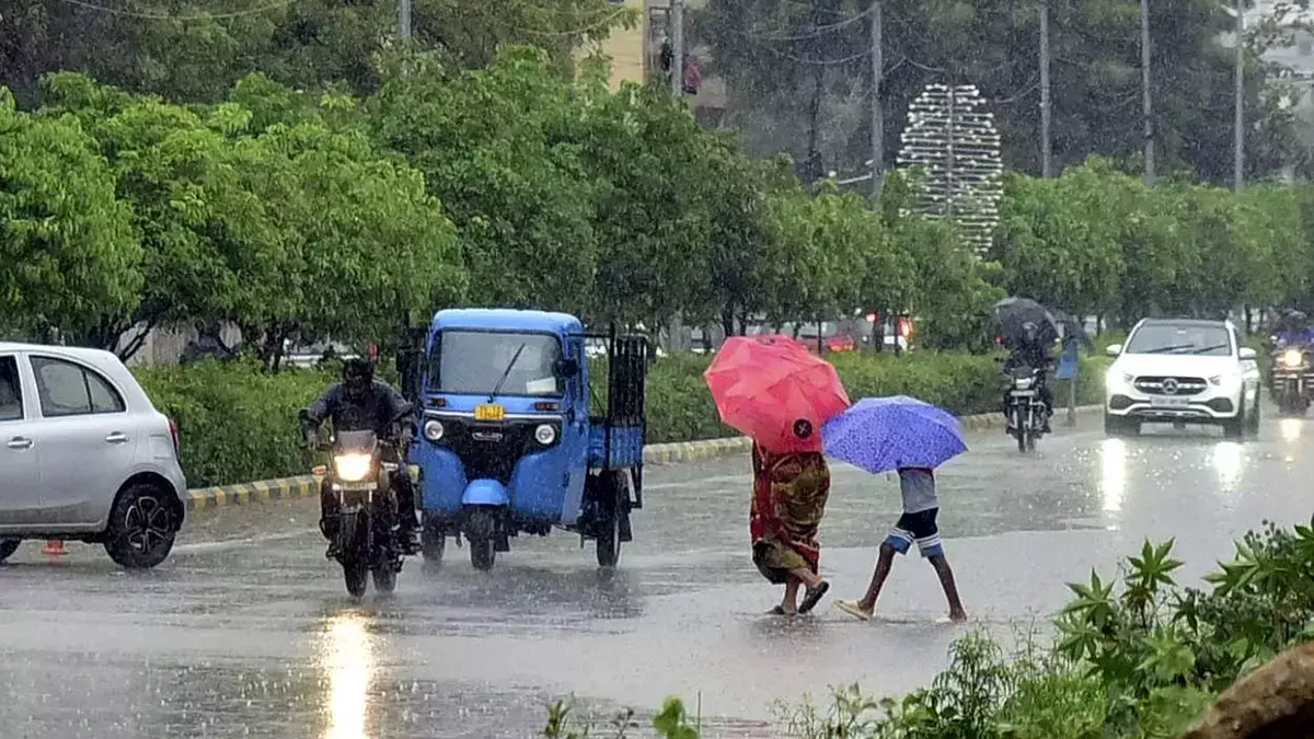 People walking with umbrellas on a rainy road in Telangana as light showers bring relief from heat