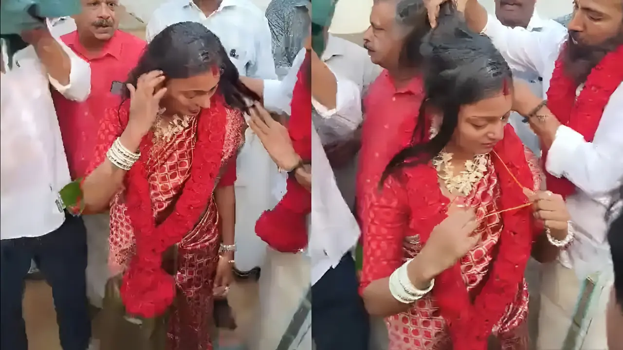 Monalisa Bhosle wedding visuals as garland and mangalsutra ceremony takes place