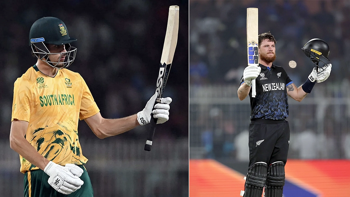 Marco Jansen reacts after his innings while Finn Allen celebrates his century during the T20 World Cup 2026 semi-final between South Africa and New Zealand