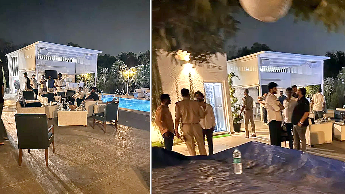 Police and officials at the Moinabad farmhouse where the weekend drug party took place near Hyderabad