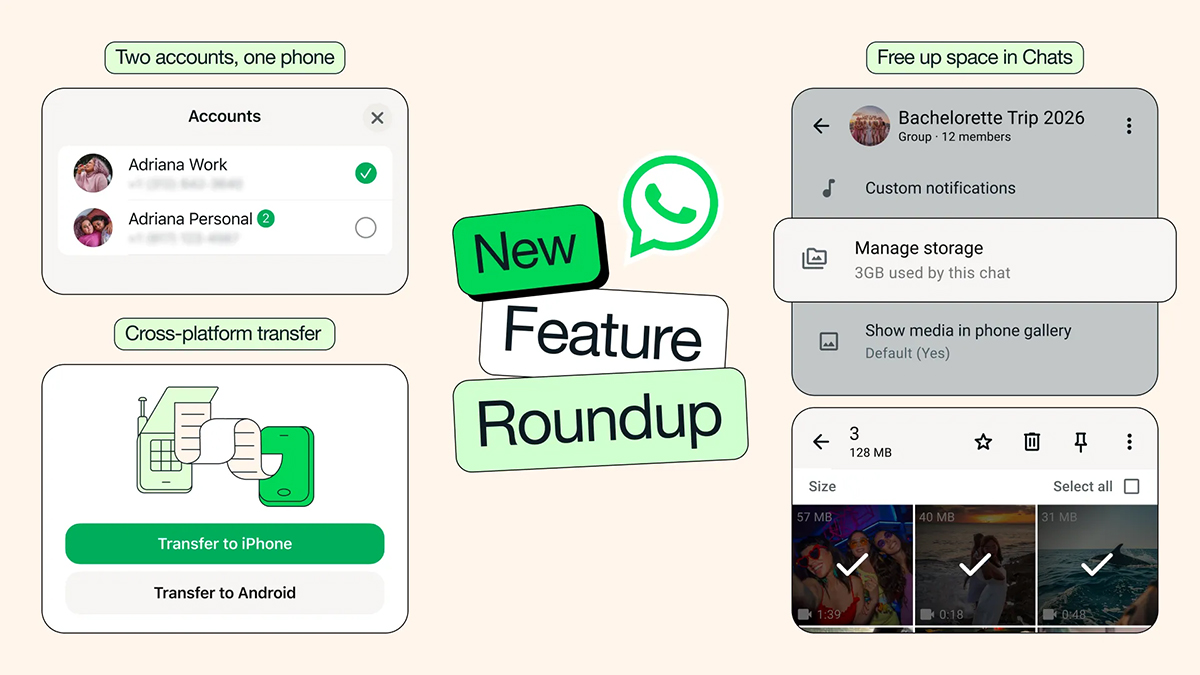 WhatsApp new features including dual accounts, chat transfer and storage management interface