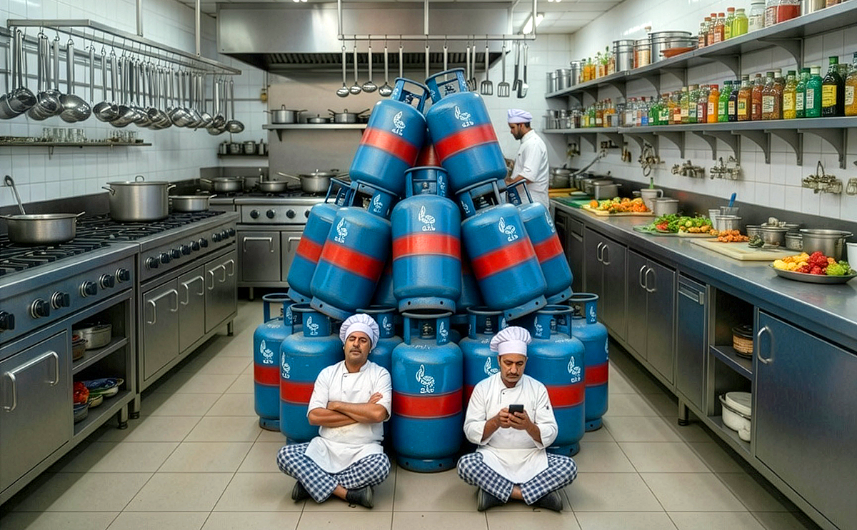 Commercial LPG cylinders stacked inside a hotel kitchen as chefs wait amid gas supply shortage - AI image