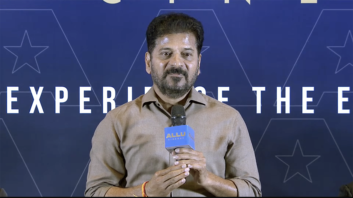 Telangana Chief Minister Revanth Reddy speaking at the launch event of Allu Cinemas in Hyderabad
