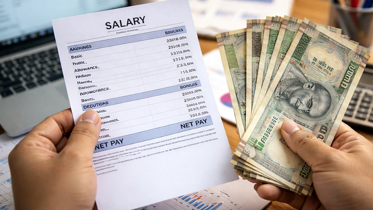 జీత స్లిప్తో పాటు నగదు పట్టుకున్న ఉద్యోగి, వేతన నిర్మాణ మార్పుల ప్రతీకాత్మక దృశ్యం
