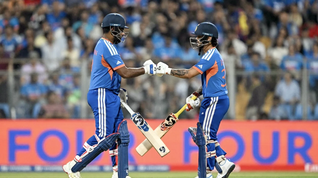 Sanju Samson and Ishan Kishan partnership during India vs England T20 World Cup 2026 semifinal at Wankhede Stadium