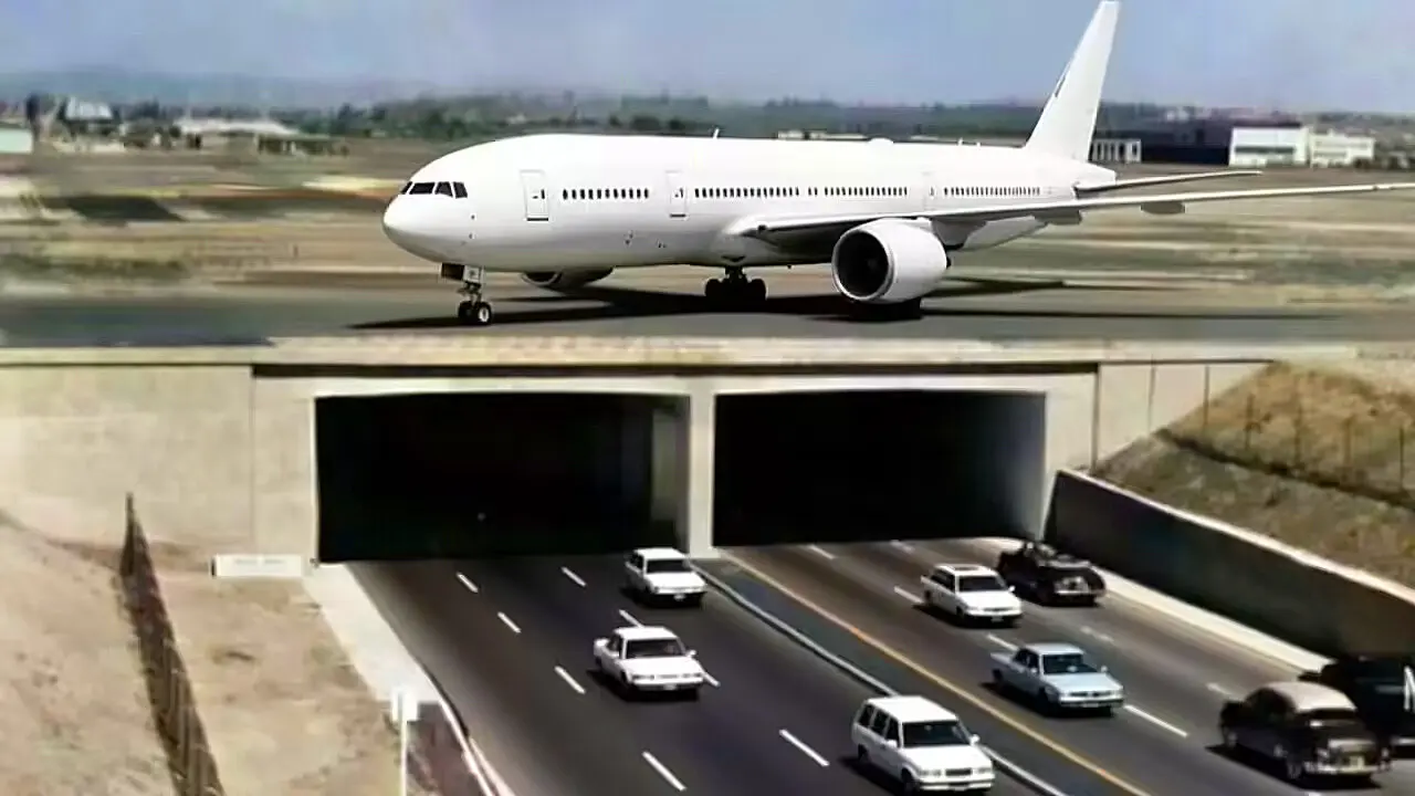 Aircraft runway above road tunnel underpass with cars moving in opposite directions