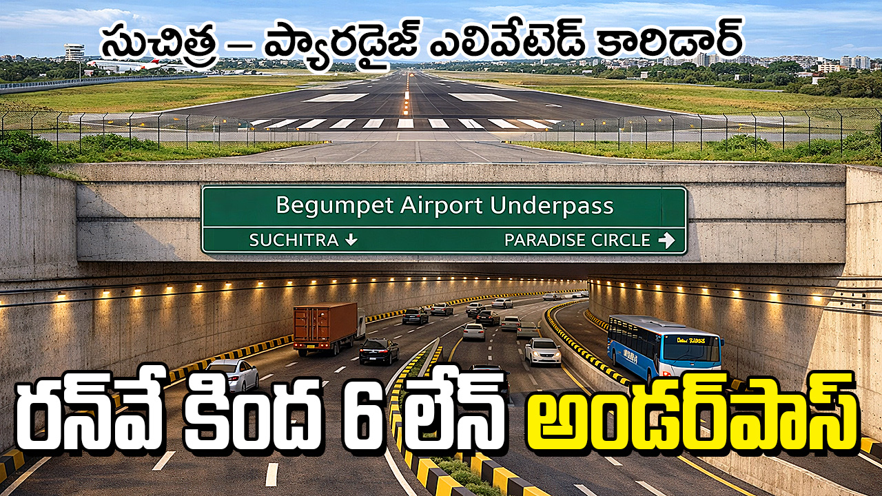 Begumpet airport runway underpass six lane curved road Hyderabad concept design