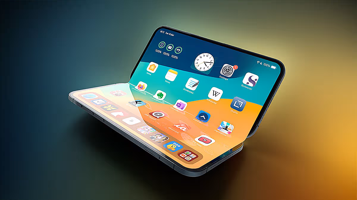 Apple iPhone Fold concept with floating UI and split screen multitasking interface