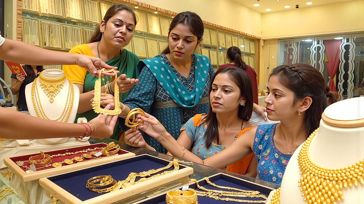 Women customers checking gold jewellery designs inside a jewellery showroom ahead of Akshaya Tritiya