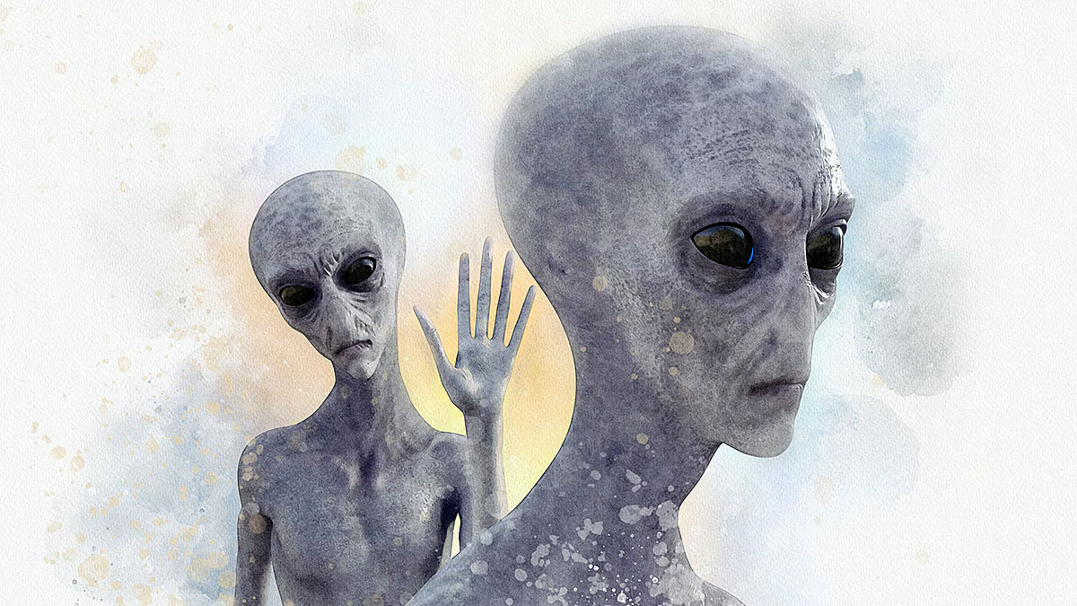 పెద్ద కళ్లతో కనిపిస్తున్న ఏలియన్ ఆకారాల ఆర్టిస్టిక్ చిత్రం