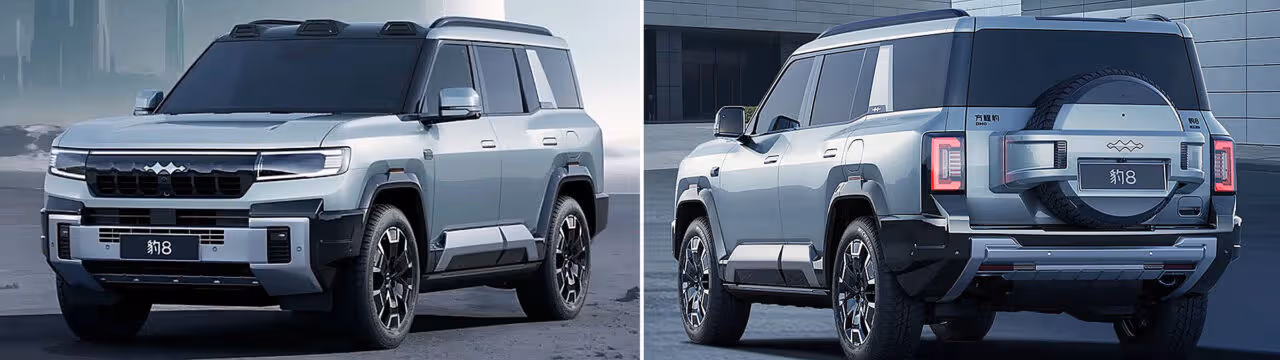 BYD Leopard 8 front and rear design showing boxy SUV styling and spare wheel