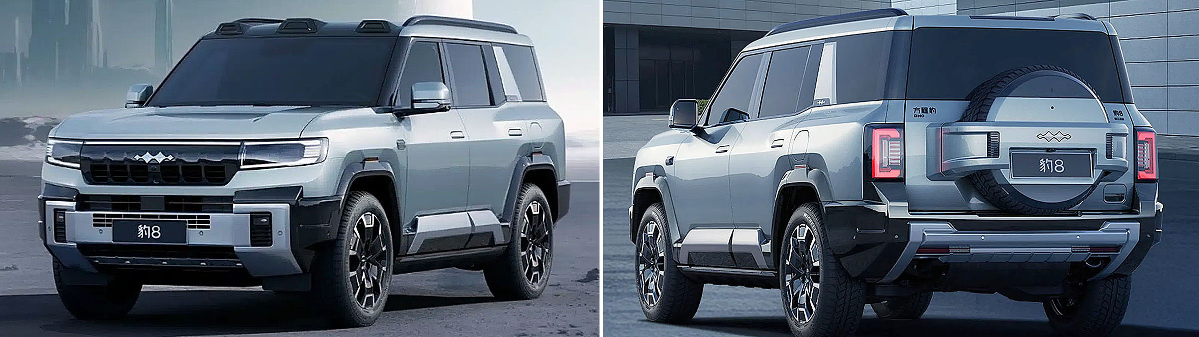 BYD Leopard 8 front and rear design showing boxy SUV styling and spare wheel