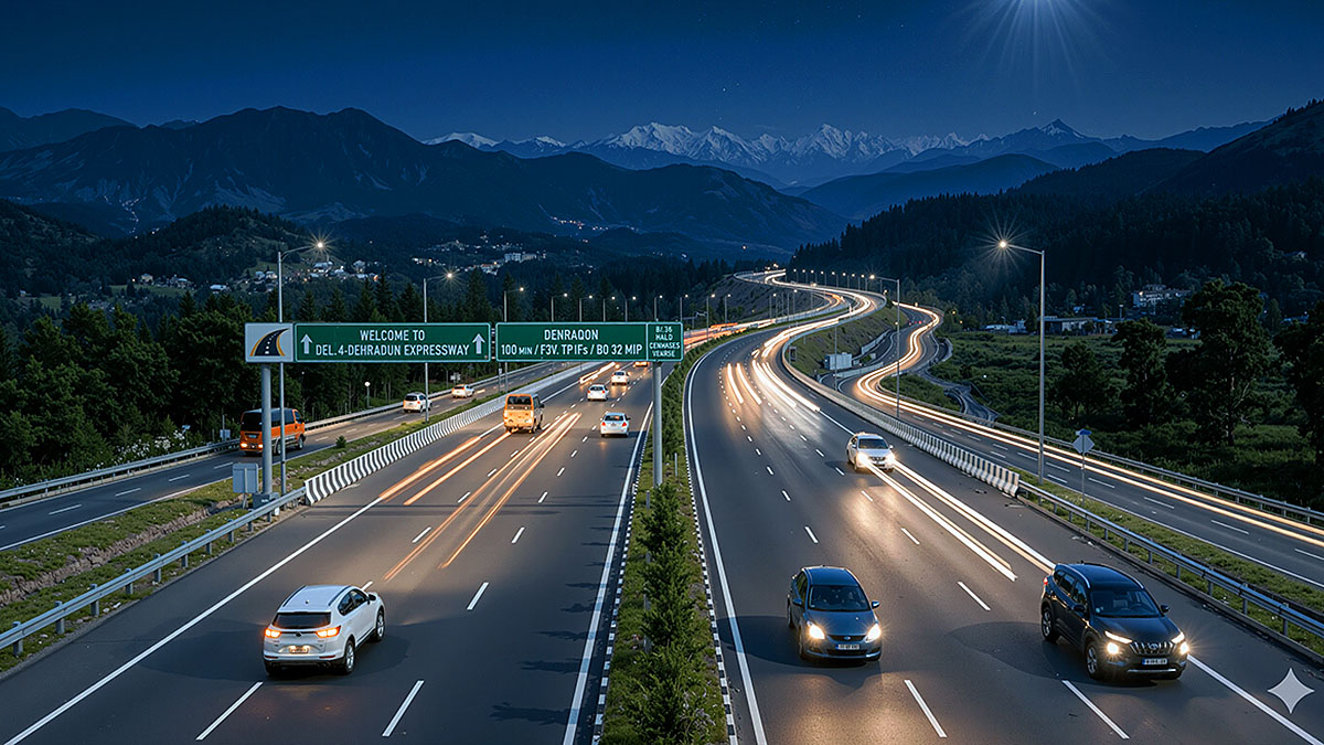 Delhi Dehradun Expressway night highway with vehicles and mountain view