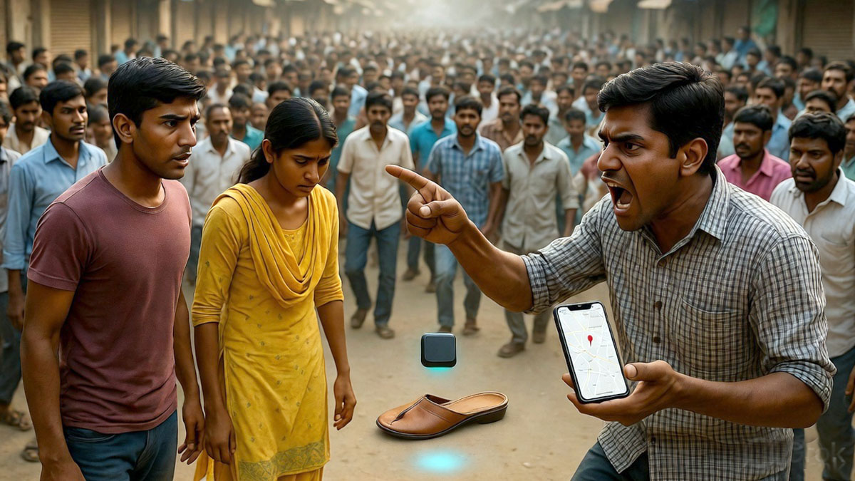 భార్య కదలికలను జిపీఎస్ ట్రాకర్‌తో గమనించిన భర్త, మొబైల్‌లో లొకేషన్ చూపిస్తూ రోడ్డుపై వాగ్వాదం చేస్తున్న దృశ్యం