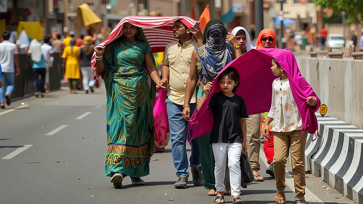 Extreme heat conditions in Telangana with people shielding from sun during heatwave