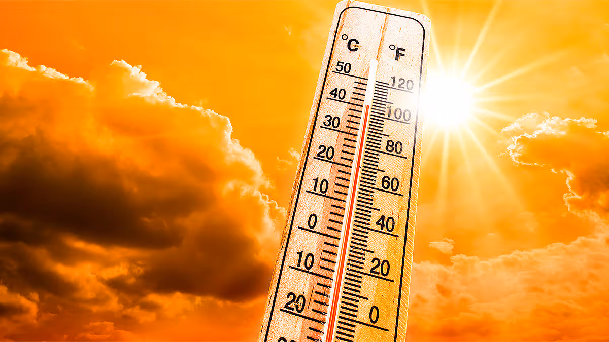 Hyderabad extreme heatwave with rising temperature thermometer under blazing sun
