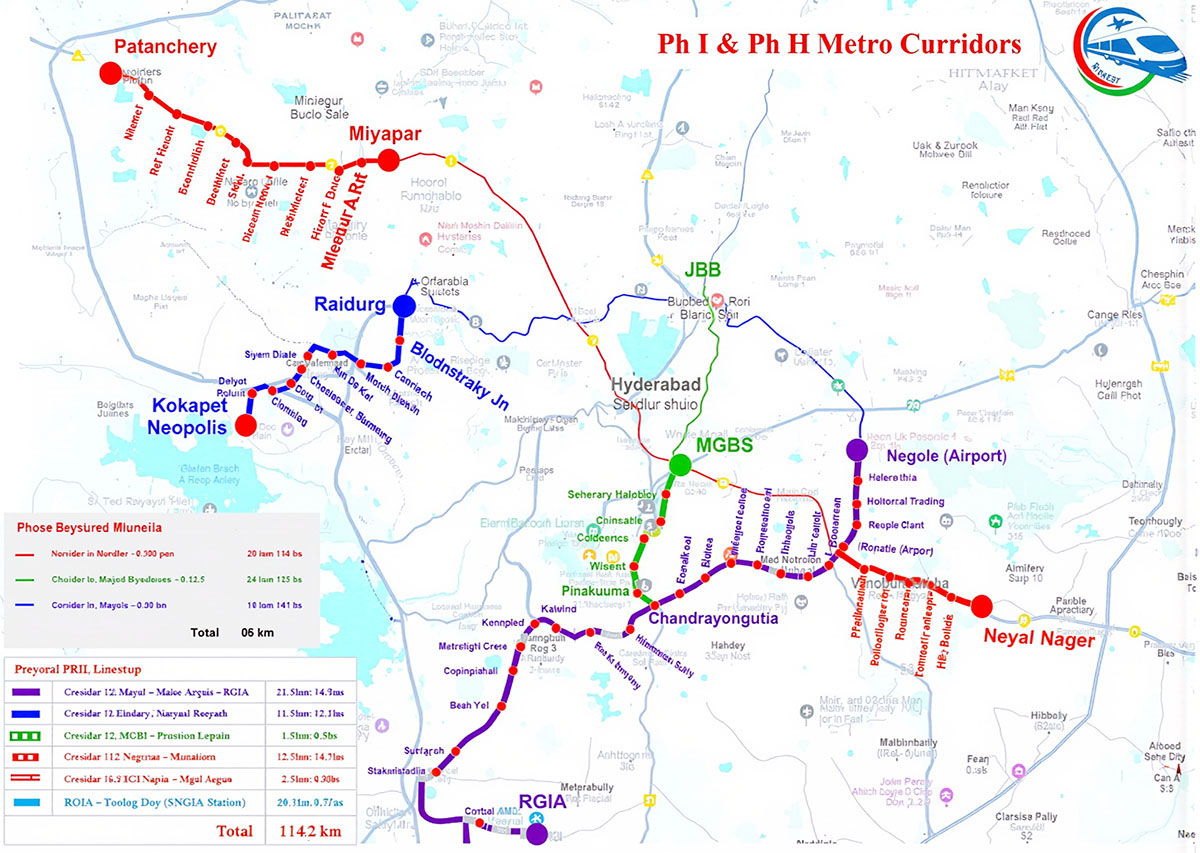Hyderabad Metro Phase 2 and 2B proposed routes map