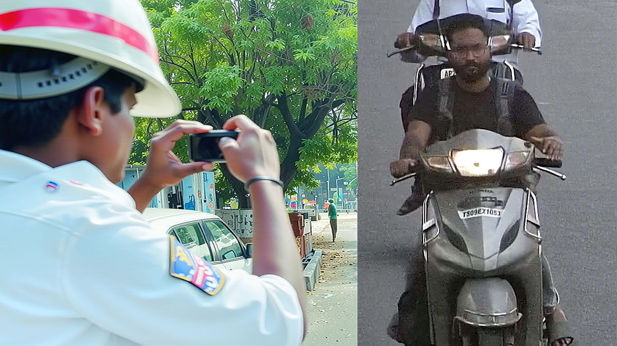 Hyderabad traffic police capturing violation on camera alongside CCTV image of thief riding the scooter linked to a stolen vehicle challan