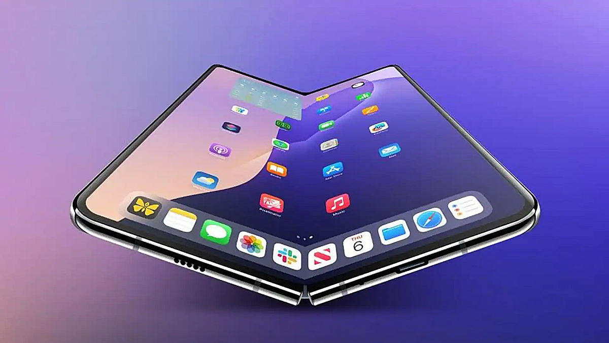 Apple foldable iPhone concept open flat showing tablet-like display and iPad-style interface