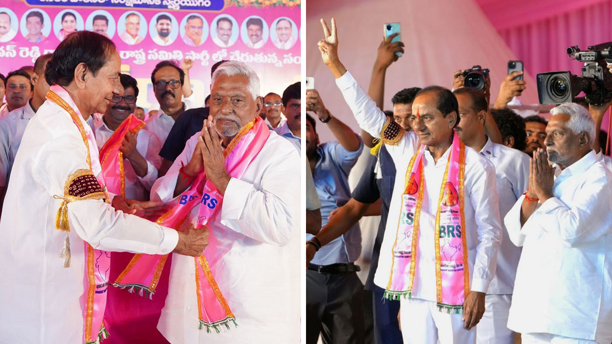 జీవన్‌రెడ్డికి గులాబీ కండువా కప్పి పార్టీలోకి ఆహ్వానిస్తున్న కేసీఆర్