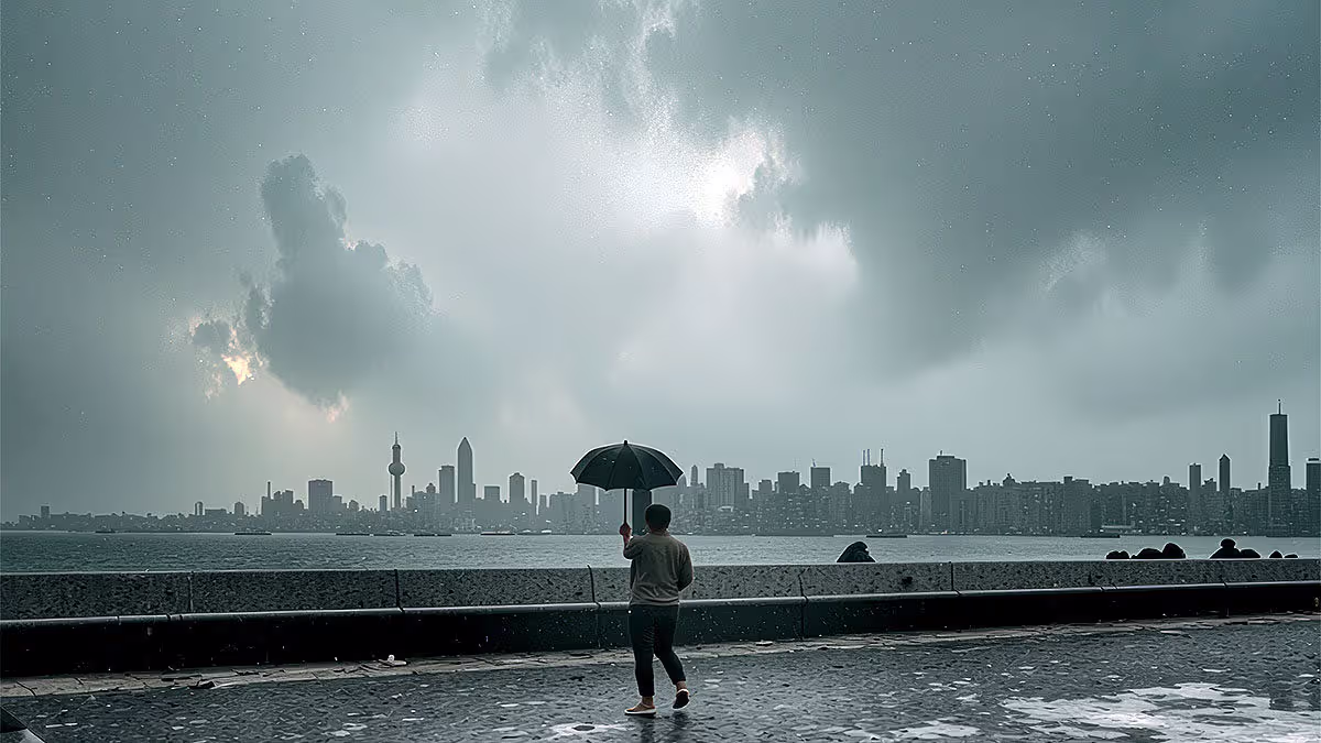 Dark rain clouds gather in the sky indicating incoming monsoon showers