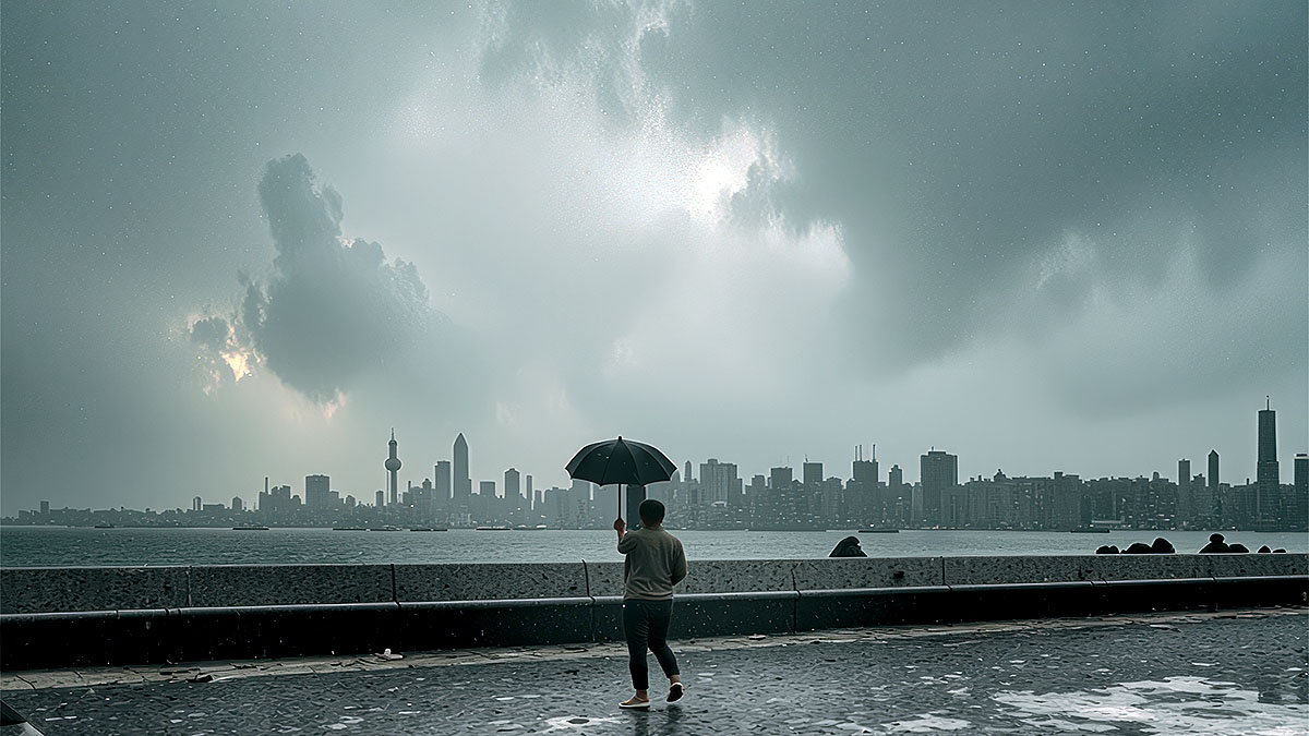 Dark rain clouds gather in the sky indicating incoming monsoon showers