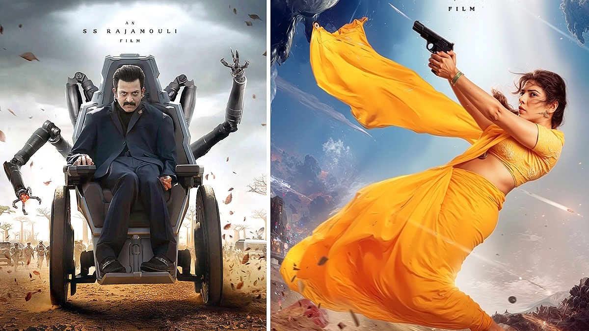 Prithviraj Sukumaran as villain Kumbha and Priyanka Chopra as Mandakini in Varanasi movie character poster