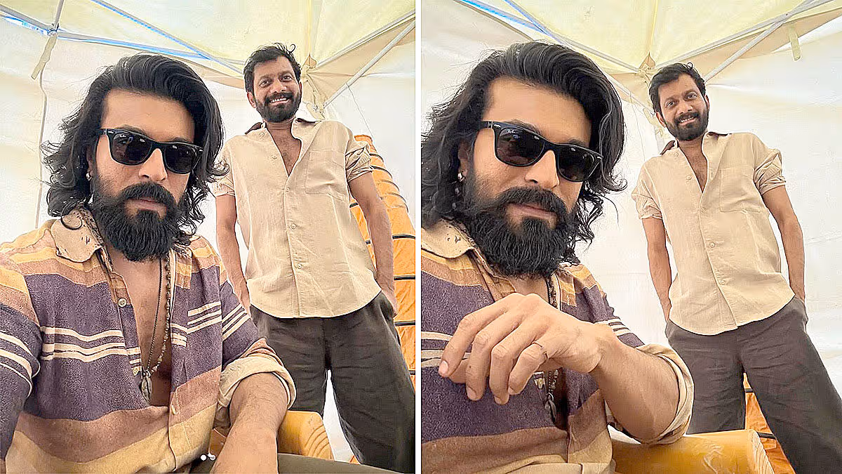 పెద్ది సినిమా సెట్స్‌లో రామ్ చరణ్ మరియు దర్శకుడు బుచ్చిబాబు సానా కలిసి తీసుకున్న సెల్ఫీ
