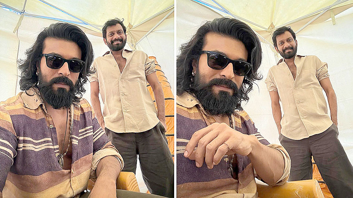 పెద్ది సినిమా సెట్స్‌లో రామ్ చరణ్ మరియు దర్శకుడు బుచ్చిబాబు సానా కలిసి తీసుకున్న సెల్ఫీ