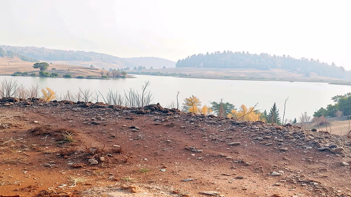 Scenic view of Siddapur reservoir with low water levels in Nizamabad district