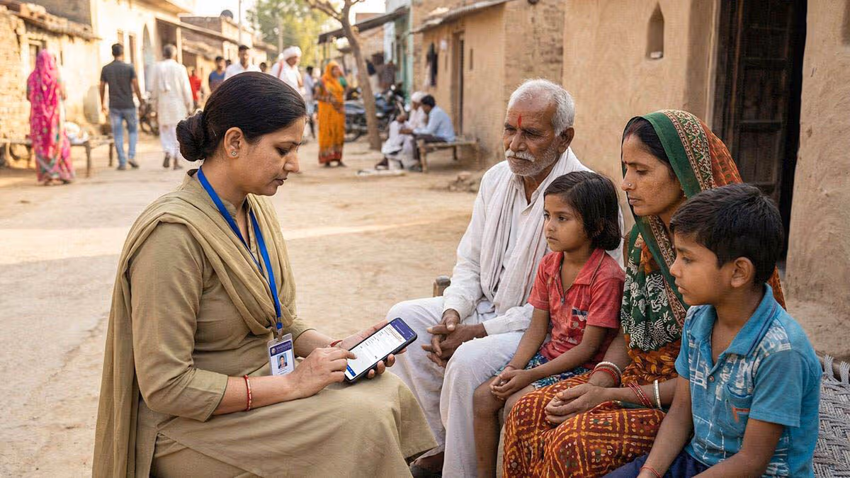 గ్రామీణ ప్రాంతంలో కుటుంబ సభ్యులతో డిజిటల్ పరికరంతో జనగణన వివరాలు నమోదు చేస్తున్న ఎన్యూమరేటర్