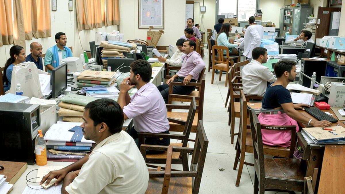 తెలంగాణ ప్రభుత్వ కార్యాలయంలో ఉద్యోగులు కంప్యూటర్లపై పని చేస్తూ కనిపిస్తున్న దృశ్యం