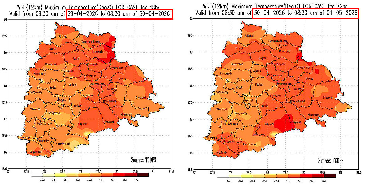 Telangana temperature forecast map showing rising heatwave conditions across districts