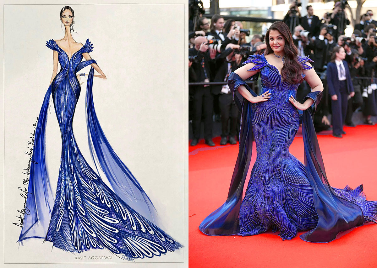 Amit Aggarwal Luminara gown sketch and Aishwarya Rai Cannes 2026 final look