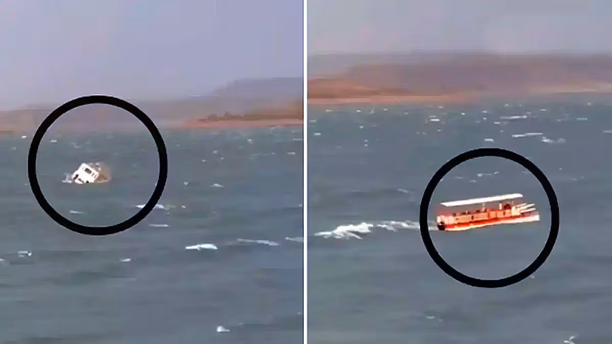 Visuals showing tourist boat sinking in Bargi Dam amid strong winds