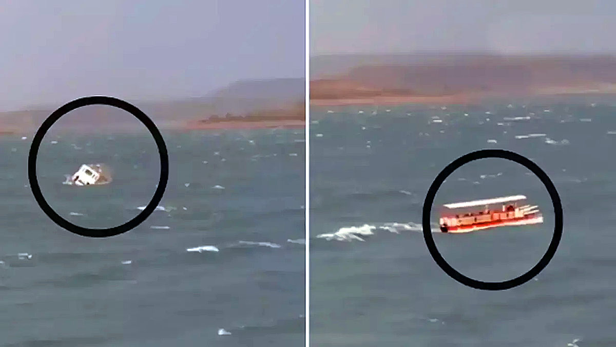 Visuals showing tourist boat sinking in Bargi Dam amid strong winds